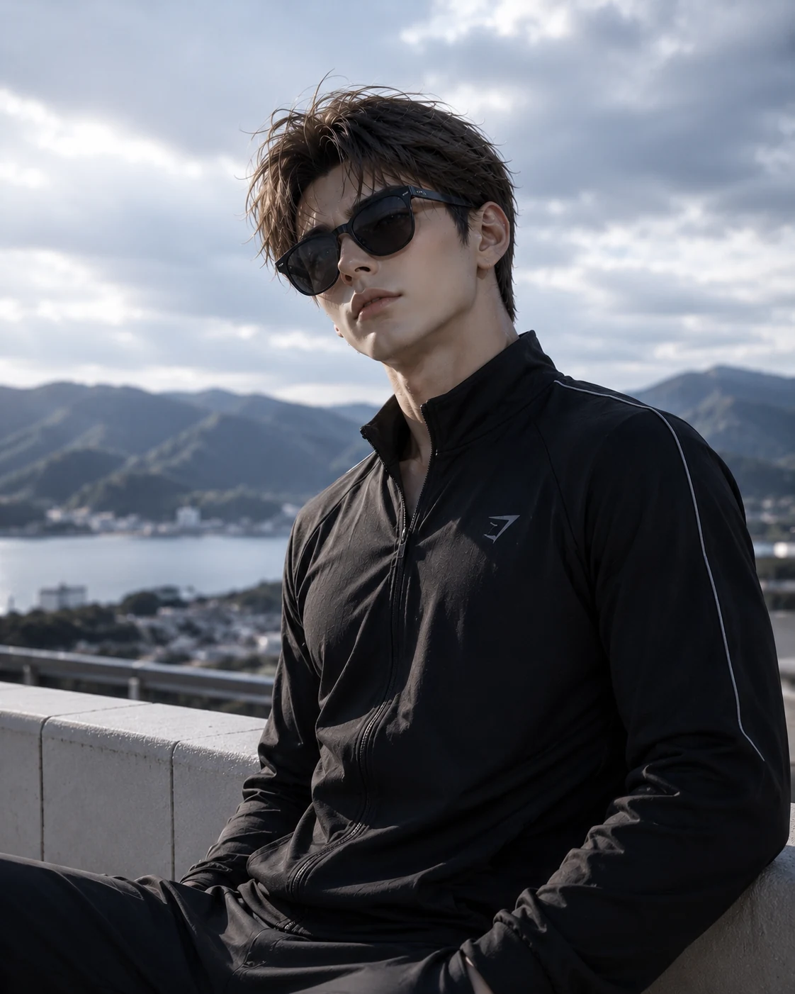 Akira outdoors, with mountains and a lake in the background